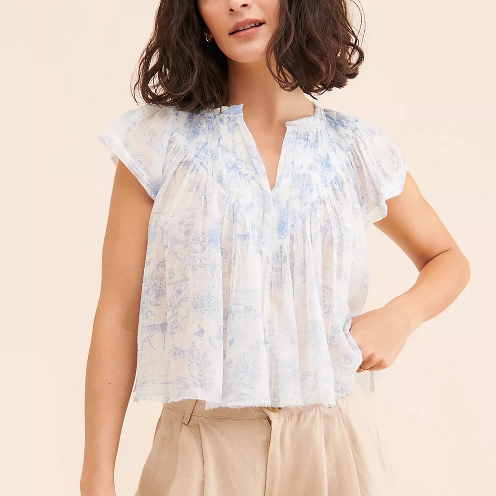 Free People FP One Padma Top Printed Ivory V Neck Flutter Sleeve Blouse